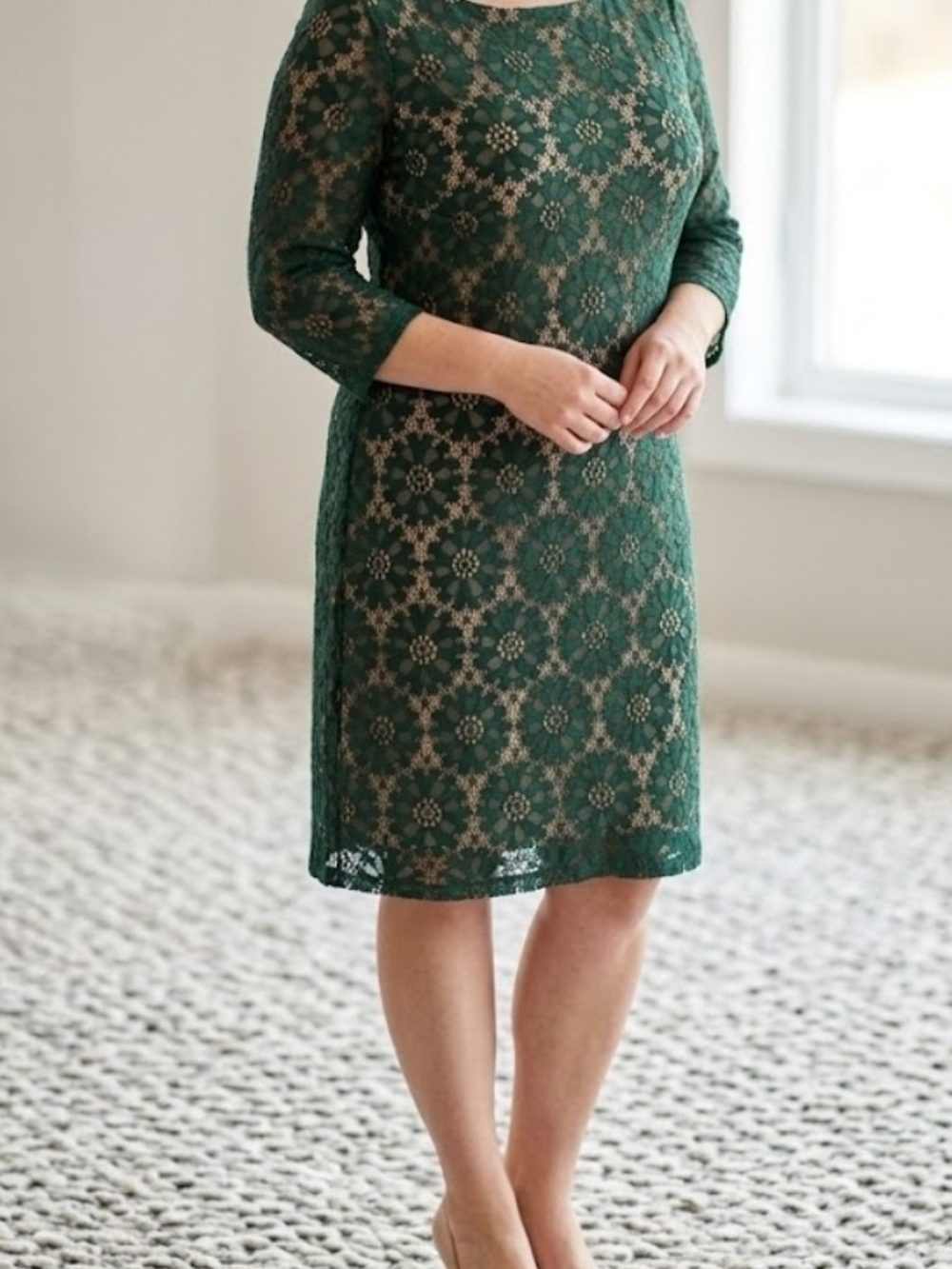 Jessica Howard Elegant Forest Green Lace Sheath Dress Size 16